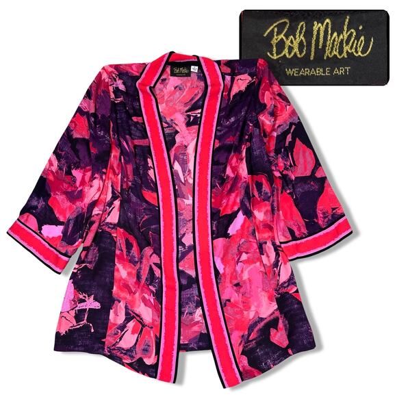 Bob Mackie Wearable Art Kimono Open Front Womens Small Red Pink Watercolor Light - Picture 1 of 9